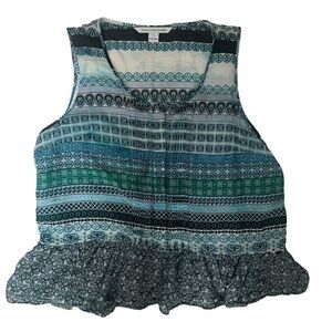 Diane Von Furstenberg DVF Silk Blend Blouse Sleeveless Ruffle Large Blue Boho